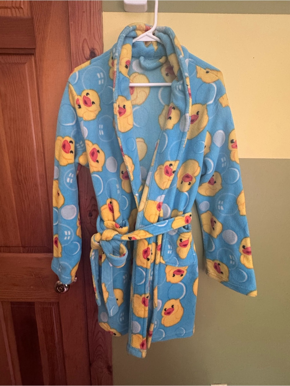 Blue Plush Kids Robe with Yellow Duck Print